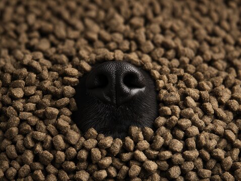 a pile of dry dog food with a single black dog nose 
