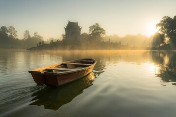 A serene lake at sunrise with a small boat floating and a distant temple shrouded in morning mist