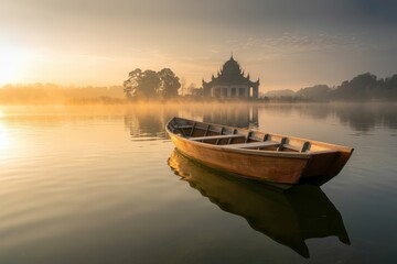 A wooden boat floats on a calm lake with a building and trees in the background at sunrise or sunset