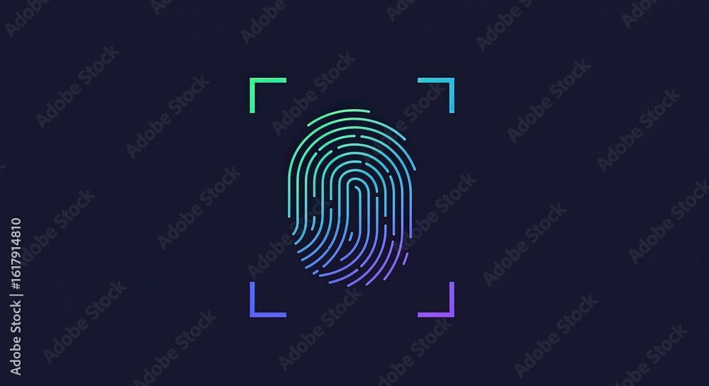 Poster fingerprint scan with a gradient of green blue and purple lines on a dark background