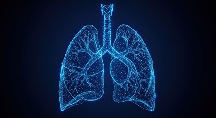 Futuristic blue wireframe lungs with trachea on dark background