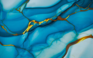 abstract swirling pattern of deep blue and white marbled textures, interspersed with golden, vein-like lines. The image has a fluid, organic feel, reminiscent of marble or a watercolor painting