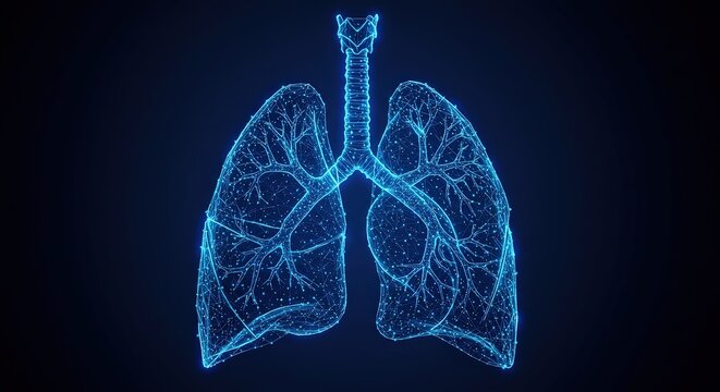Futuristic blue wireframe lungs with trachea on dark background