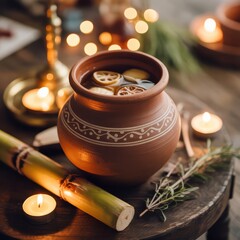 A clay pot filled with liquid and citrus slices surrounded by candles and sugarcane on wood surface