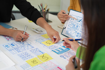 Creative digital development agency. developer team brainstorming on their project with laptop, smartphone and digital tablet.