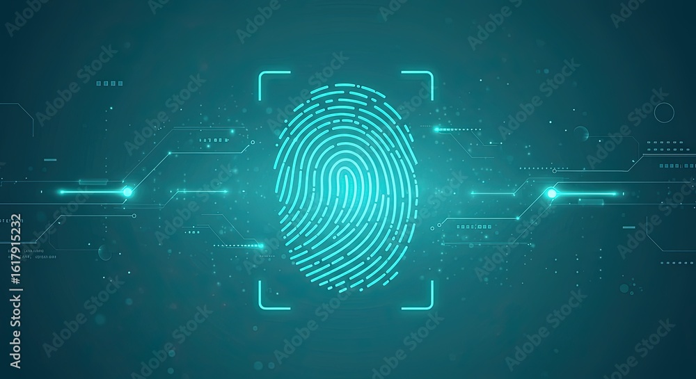 Poster glowing blue fingerprint scan with digital circuit lines and particles