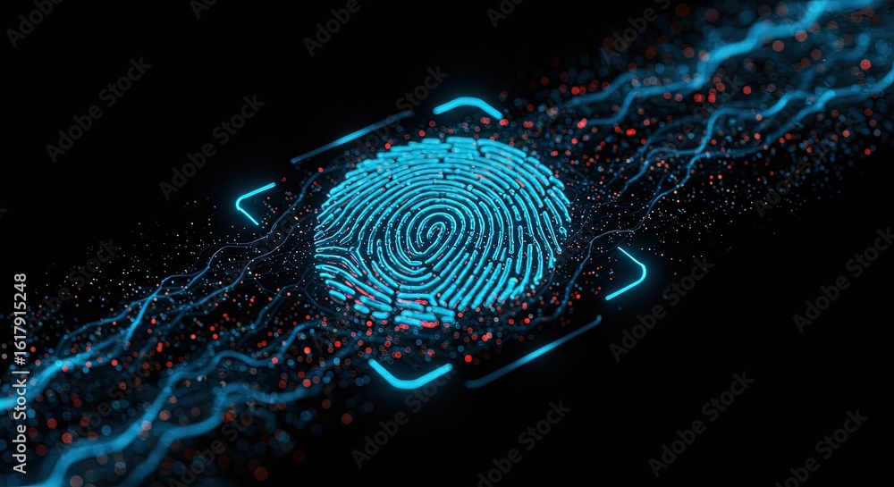 Poster glowing blue fingerprint scan with digital data streams on black background
