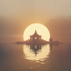 A temple silhouette on a small island with a large sun behind it reflected in the water surface