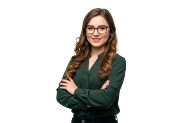 Young woman with glasses and arms crossed isolated on transparent background