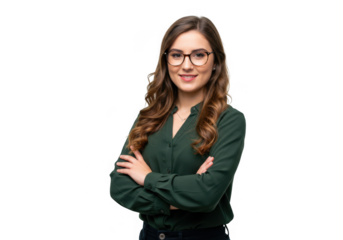 Young woman with glasses and arms crossed isolated on transparent background