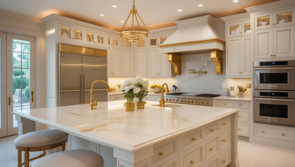 Luxury Marble Kitchen Interior with Gold Accents and High-End Design