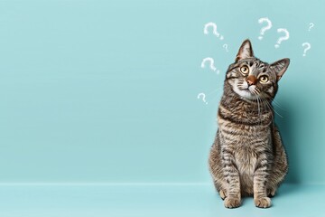 Obraz premium Confused Tabby Cat Tilting Head with Question Marks 