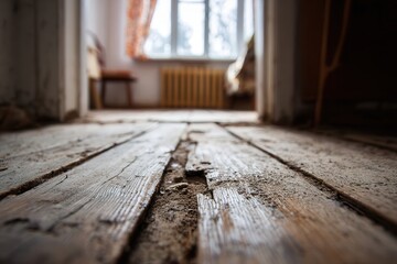 a damaged wooden floor in an old apartment, cracked and warped floorboards