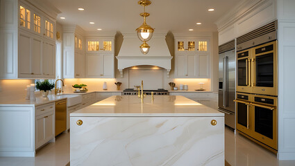 Luxury Marble Kitchen Interior with Gold Accents and High-End Design
