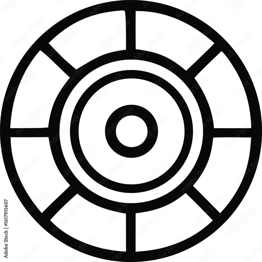 Poster geometric abstract circular design with concentric rings and radial spokes creating a stylized targe