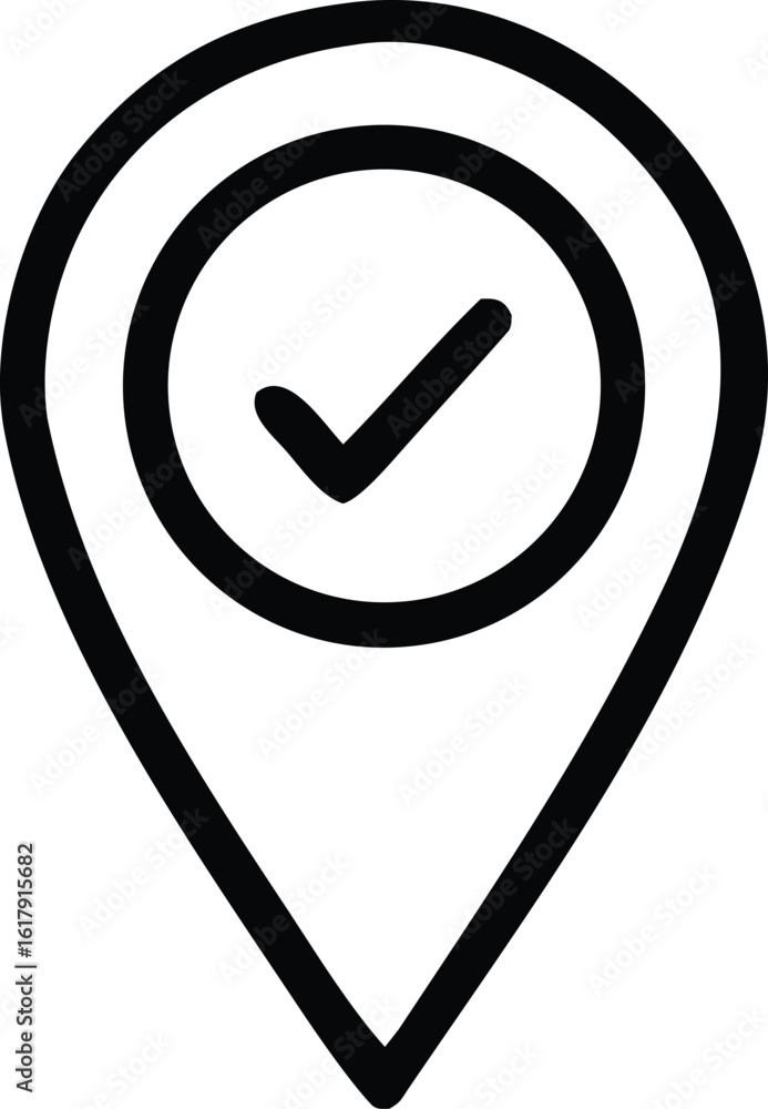Poster simple black outline icon of a location pin with a checkmark inside a circle indicating a confirmed 