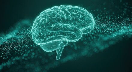 Glowing outline of a human brain with glowing particles