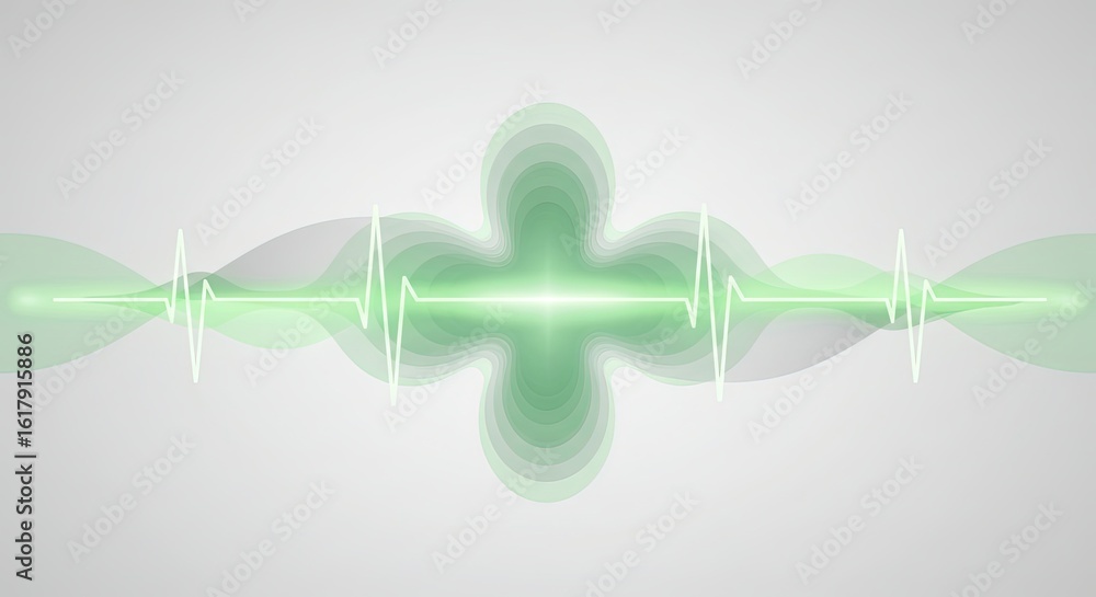Poster green abstract pulse waves with a luminous cross shape at center