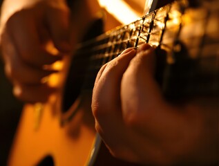Fototapeta premium Tanz der Finger eines Musikers auf dem Griffbrett einer Akustikgitarre