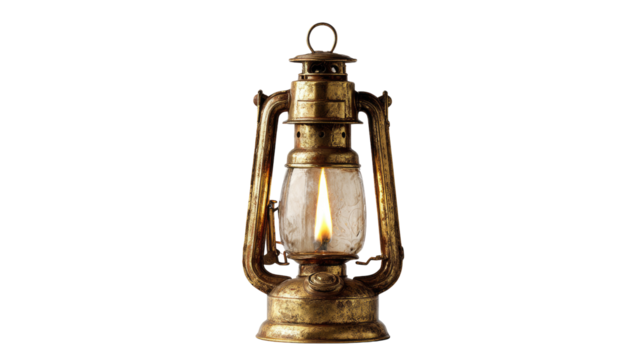 Antique oil lamp, golden-toned metal, warm glow