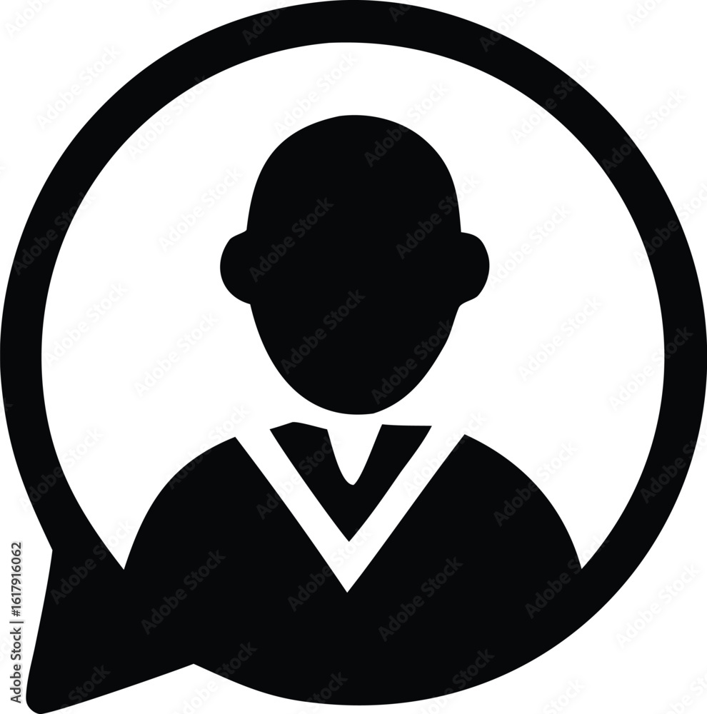 Poster simple black silhouette icon of a person within a speech bubble shape representing communication and