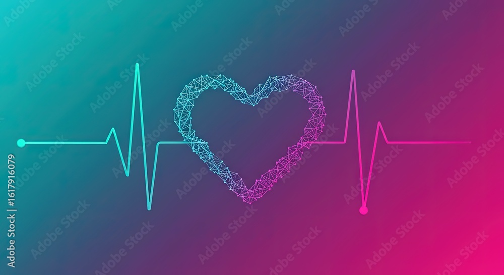 Poster heart shape formed from a network of lines on a vibrant blue and pink gradient background