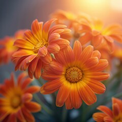 A close up view of several orange and yellow calendula flowers in soft focus with a light flare