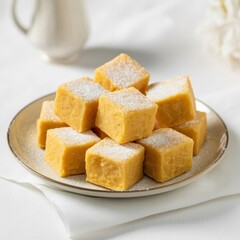 A plate of sweet yellow fudge cubes dusted with powdered sugar on a white background with a creamer