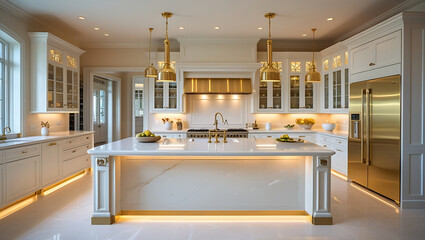 Luxury Marble Kitchen Interior with Gold Accents and High-End Design