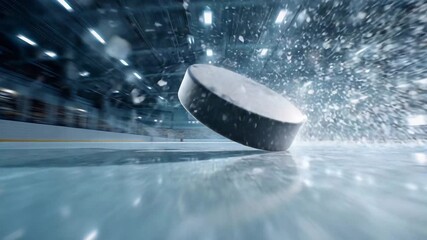 A flying hockey puck glides with speed across the rink, reflecting the bright lights of the arena. Players are ready, adrenaline levels high, as the game intensifies in this thrilling moment. - Powered by Adobe