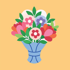 Colorful floral bouquet illustration with green leaves