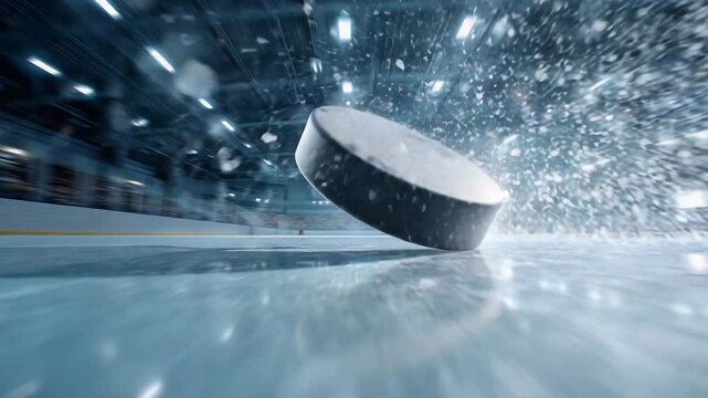 A flying hockey puck glides with speed across the rink, reflecting the bright lights of the arena. Players are ready, adrenaline levels high, as the game intensifies in this thrilling moment.