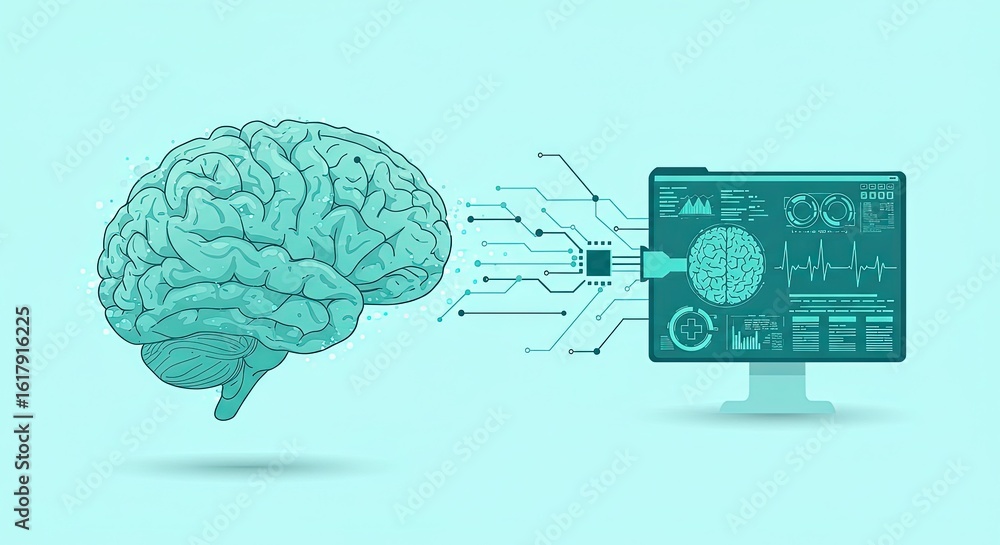Poster illustration of a brain connected to a computer monitor with medical data