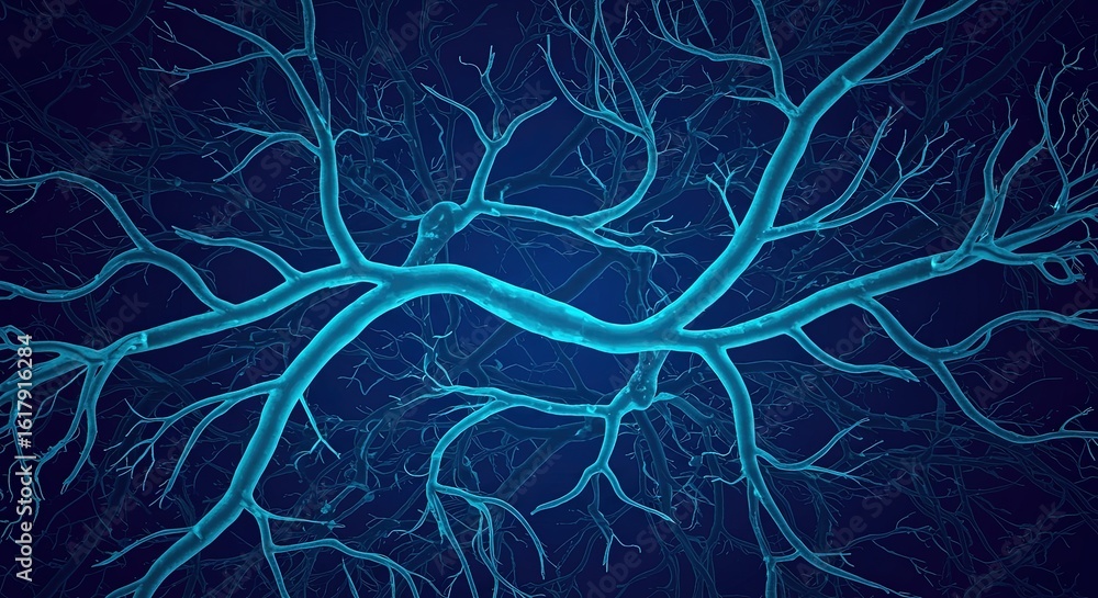 Poster luminescent neural network branches on dark blue background