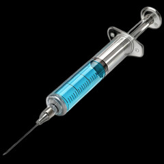 Medical syringe with blue liquid isolated on transparent background