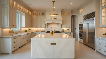 Luxury Marble Kitchen Interior with Gold Accents and High-End Design