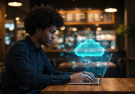 Young man engaged with futuristic cloud computing technology displayed on laptop screen in a lively establishment - Powered by Adobe