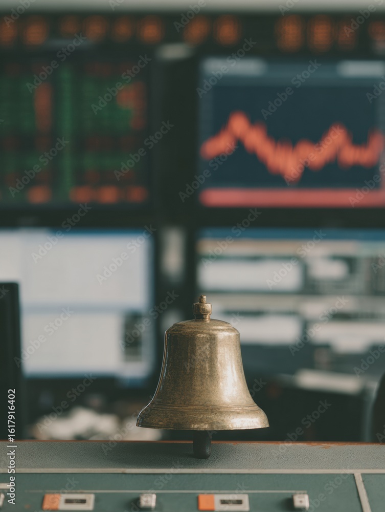 Poster professional stock market bell symbolizing trading open and close with digital trading boards authen