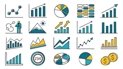 Teal yellow and white hand drawn graph and chart icons data