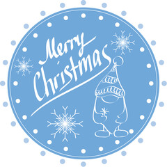 Merry Christmas round design with gnome and  hand written lettering