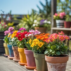 A vibrant row of colorful potted primrose flowers on a wooden deck under a bright sunny sky outdoors
