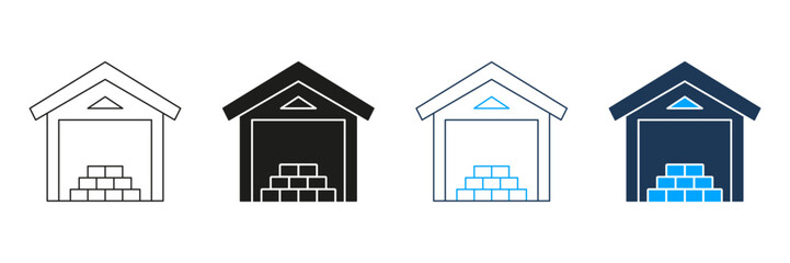 Warehouse Storage Facility Line And Solid Icon Set. Inventory Management And Logistics Symbol Collection. Efficient Supply Chain And Goods Organization. Isolated Vector Illustration