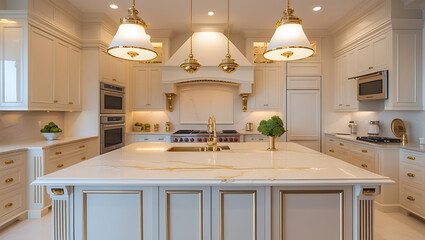 Luxury Marble Kitchen Interior with Gold Accents and High-End Design