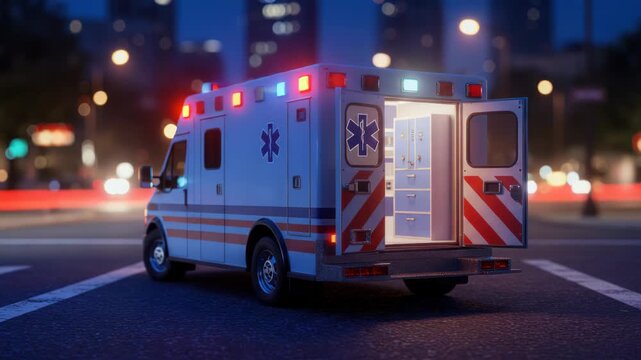 Ambulance on city street at night with emergency lights flashing for healthcare assistance
