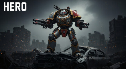A formidable futuristic warrior in heavy power armor stands victoriously atop a wrecked vehicle amidst the desolate ruins of a war-torn city under a brooding sky.