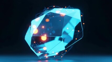 A futuristic digitally rendered crystal with glowing blue edges and vibrant orange dots set against a dark background showcasing advanced technology and innovation in digital art - Powered by Adobe