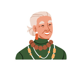 Happy senior woman portrait. Smiling laughing elderly lady with gray hair, accessories. Elegant elder aged female with positive expression. Flat vector illustration isolated on white background