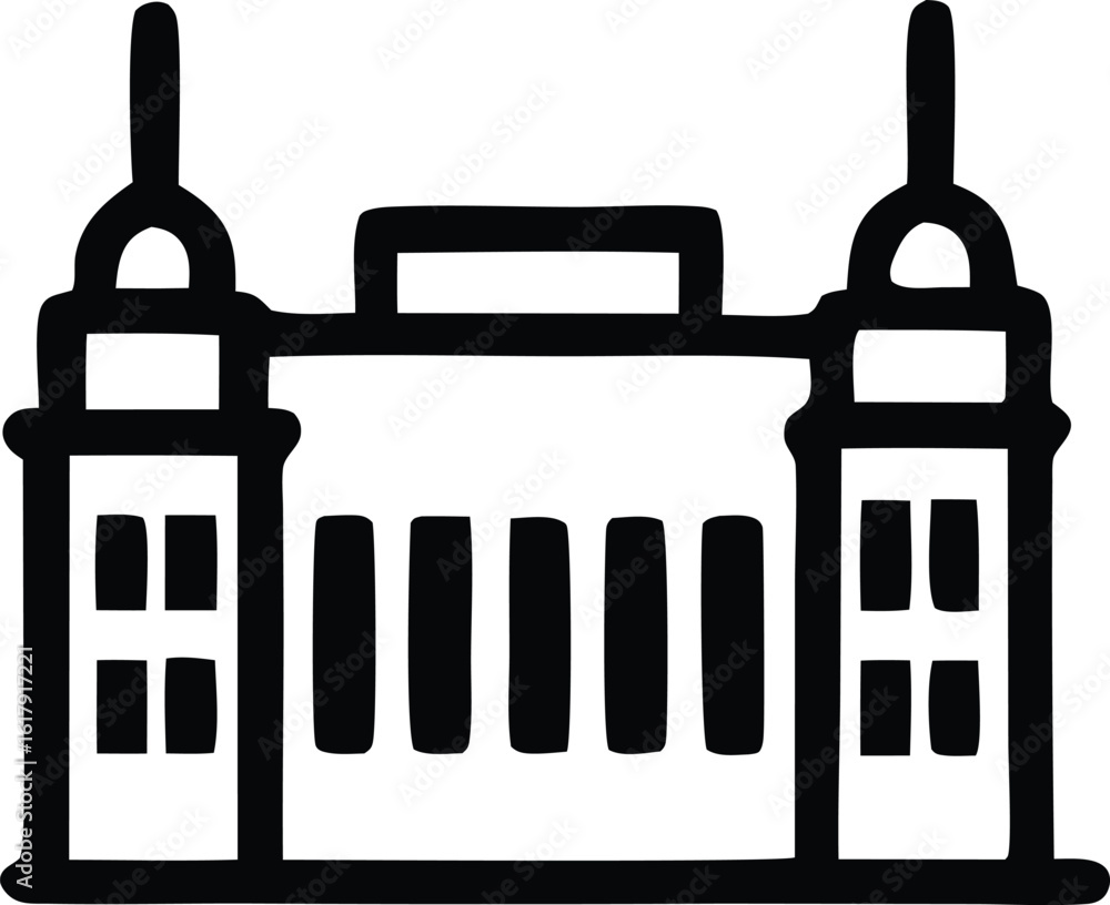 Poster simple hand drawn icon of a grand building featuring symmetrical towers and a central rectangular st