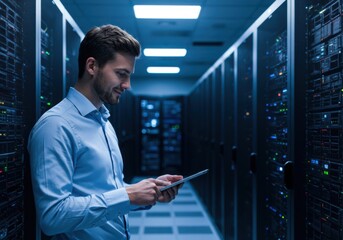 A focused it professional meticulously examining data on a tablet amidst rows of illuminated server racks in a modern data center