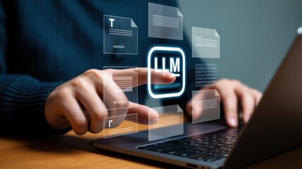 LLM Document Processing: A user interacting with a laptop showing an LLM icon with surrounding text documents, illustrating AI-powered content analysis and generation for efficient data handling